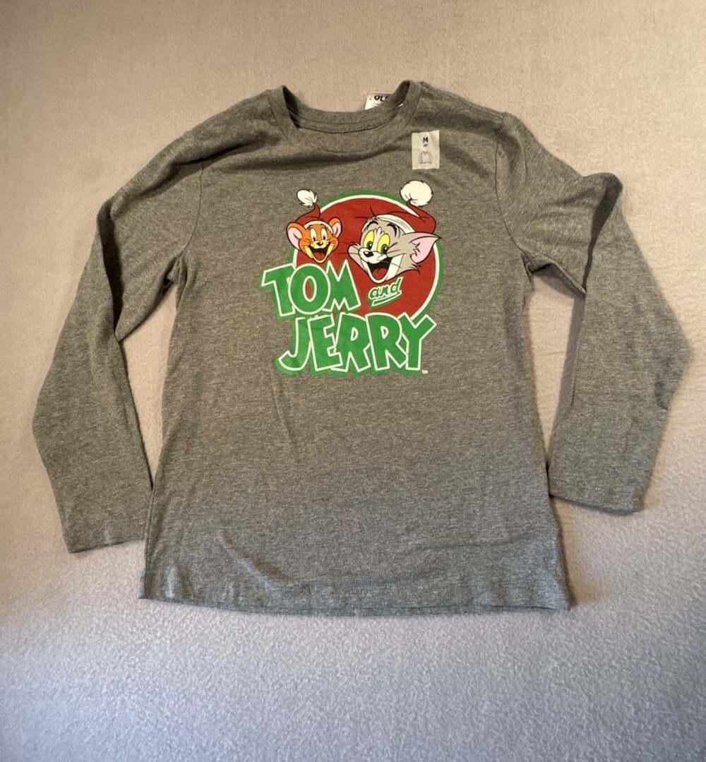 Old Navy Tom and Jerry Christmas Graphic Long Sleeve T-Shirt Grey M (8) - Picture 2 of 4